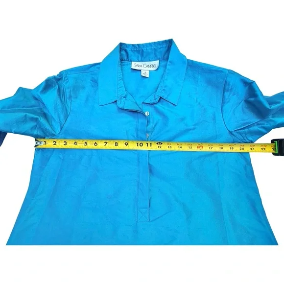 Sara Campbell Turquoise Silk Top Textured Scalloped Hem 1/4 Button Sz M Blouse - Picture 11 of 11